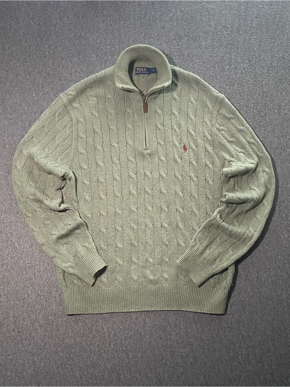 Polo Ralph Lauren Mens Large Cable Knit Quarter Zip Sweater Sage Green Cotton